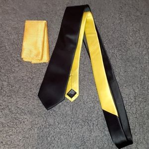 Men's Black and Yellow Tie with Pocket Square
